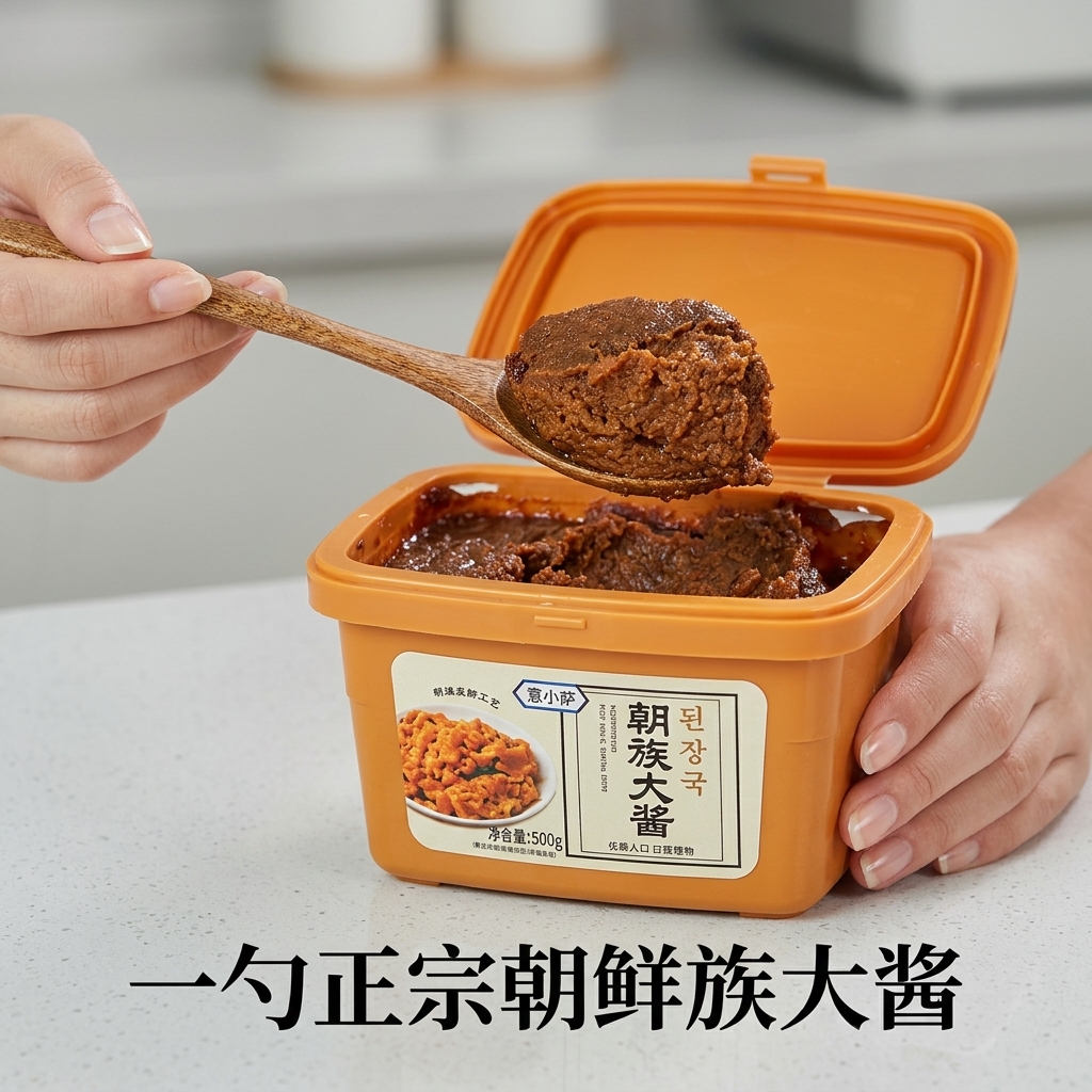 진한 갈색 된장을 뚝배기 속 국물에 나무 주걱으로 풀어 넣는 모습.