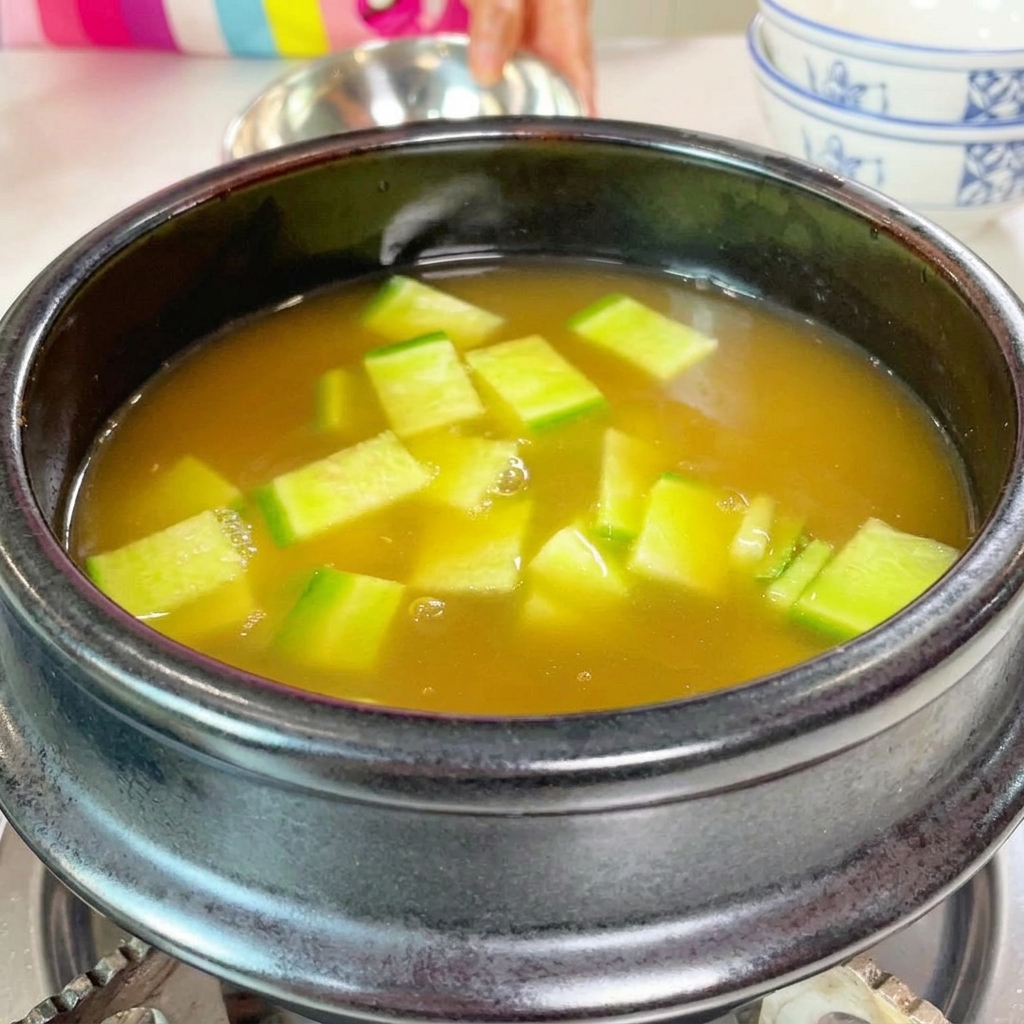 썰어둔 애호박, 무, 표고버섯을 끓는 찌개에 넣는 모습.