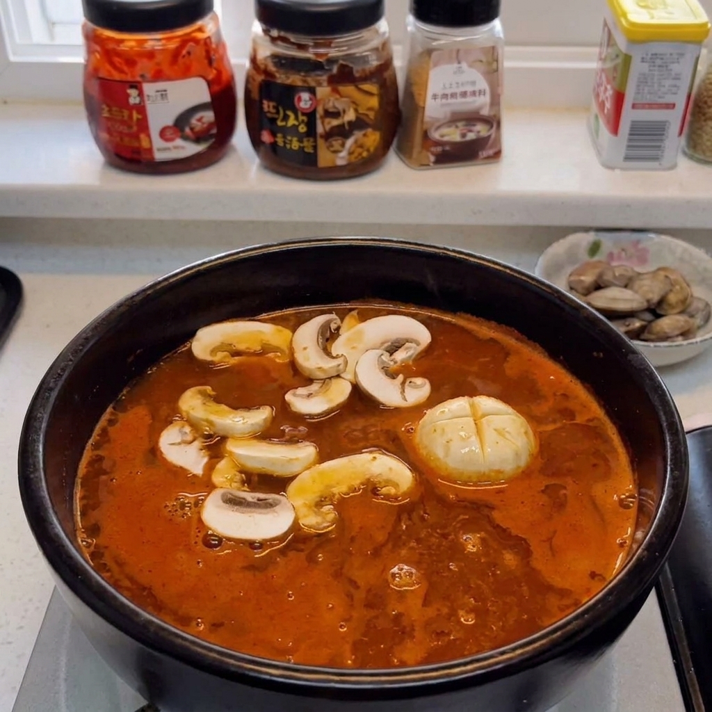 돼지고기, 생강, 마늘이 담긴 웍에 들어가는 슬라이스한 양송이버섯.