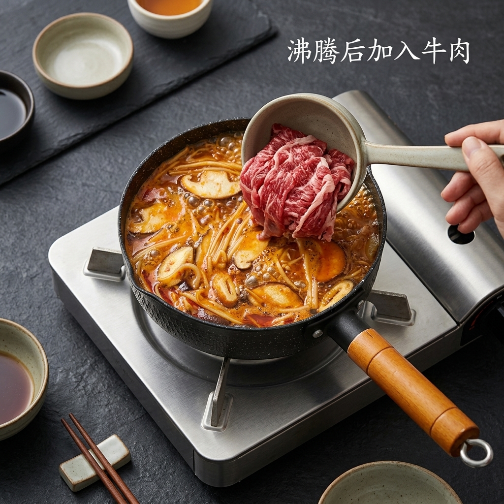 팔팔 끓는 찌개에 얇은 소고기를 넣는 모습.