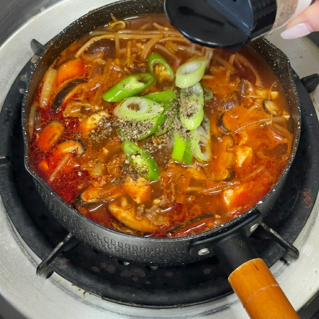 마지막으로 들깨가루를 뿌려 완성된 소고기 된장찌개.