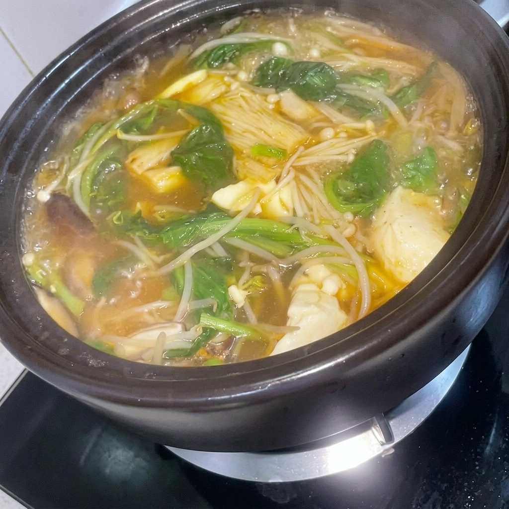 깨끗한 뚝배기에 참기름을 두르는 모습.