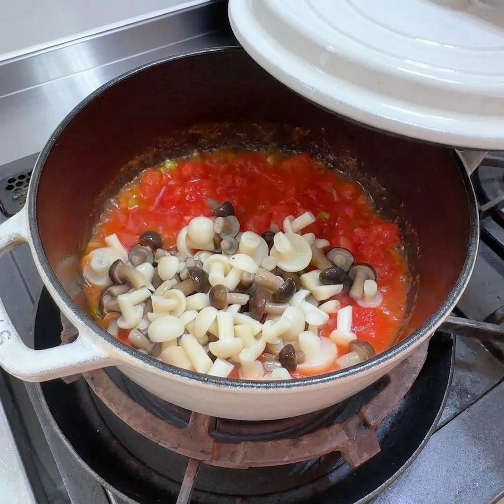 볶은 토마토 베이스에 만가닥버섯을 넣는 모습.
