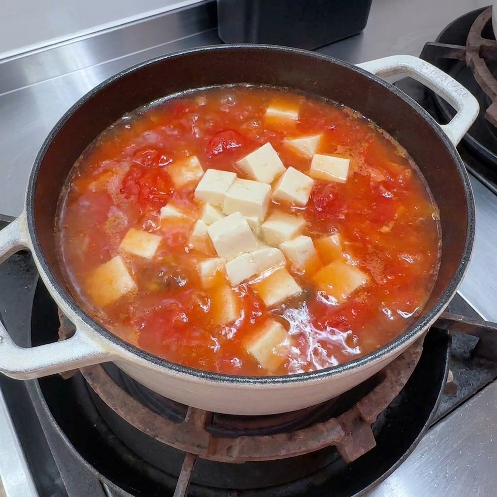 끓고 있는 국물에 순두부를 조심스럽게 넣는 모습.