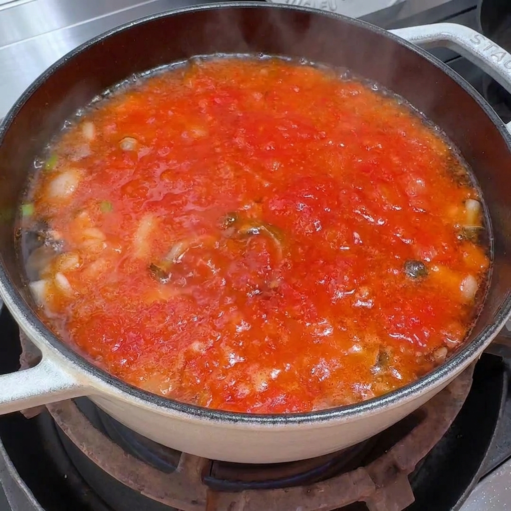 보글보글 끓고 있는 빨간 토마토 버섯 국물.