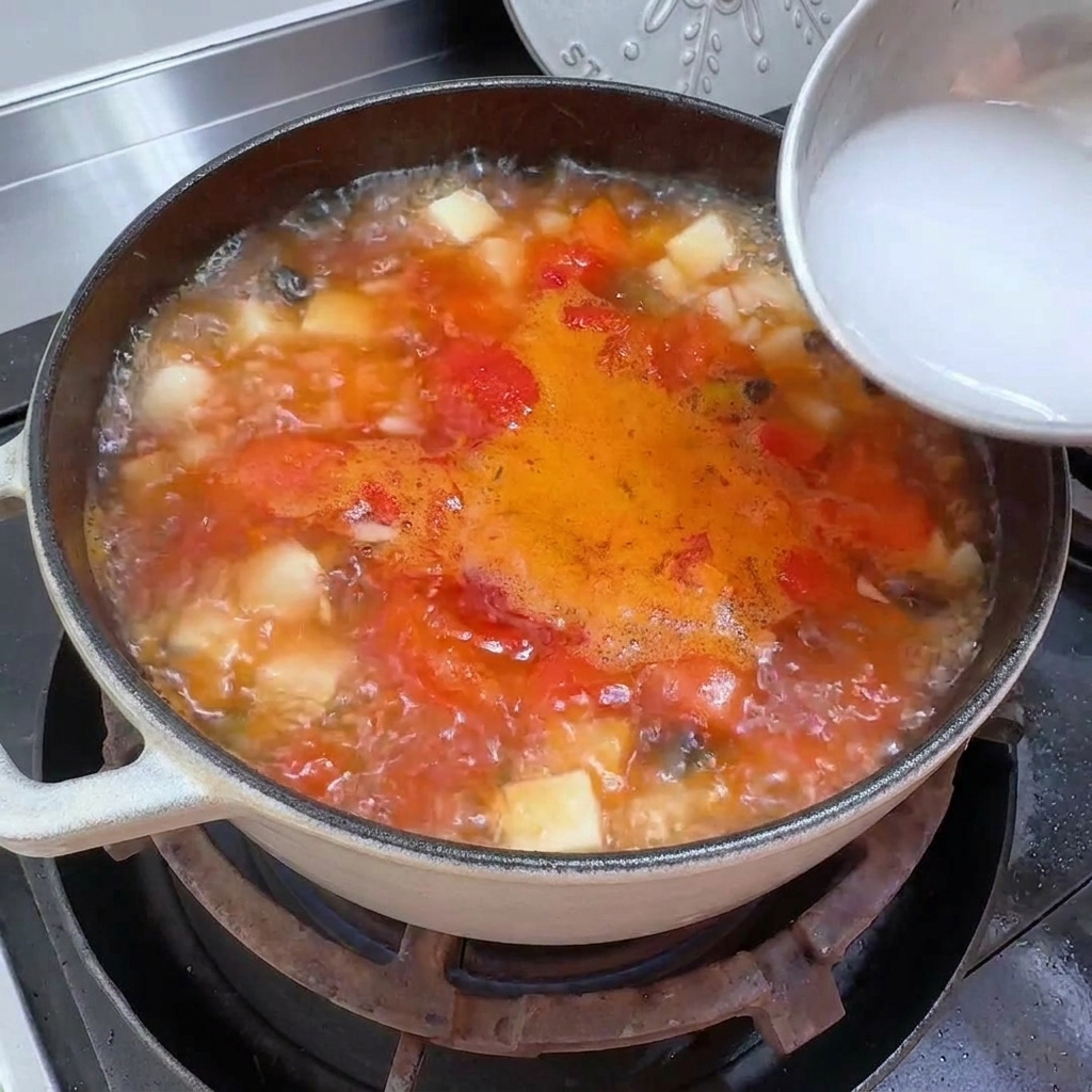 끓는 국물에 전분물을 조금씩 붓는 모습.