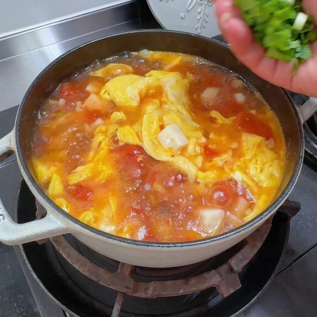 완성된 국물 위에 고수와 대파를 올리는 모습.