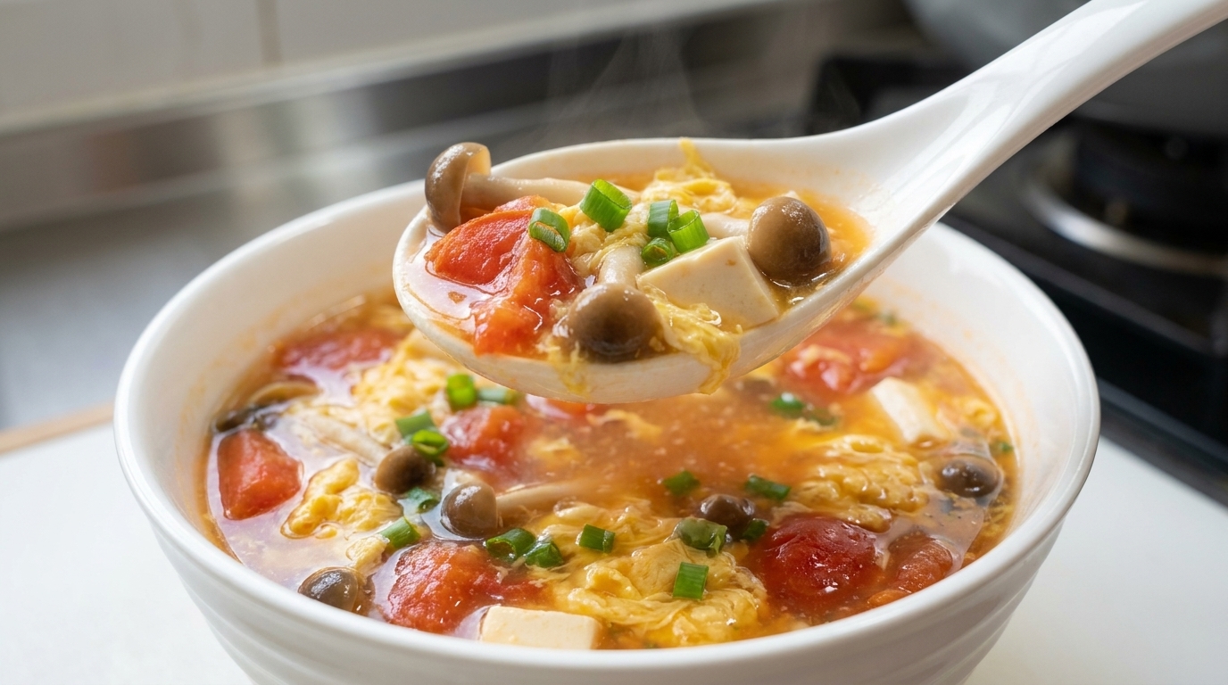 부드러운 순두부와 신선한 파가 듬뿍 들어간 따끈한 토마토 버섯 계란탕 한 그릇.