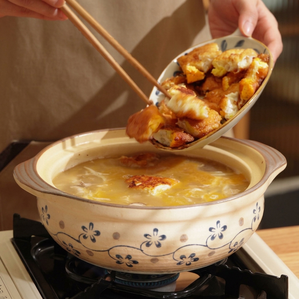 부쳐둔 계란 조각을 냄비에 넣는 모습.