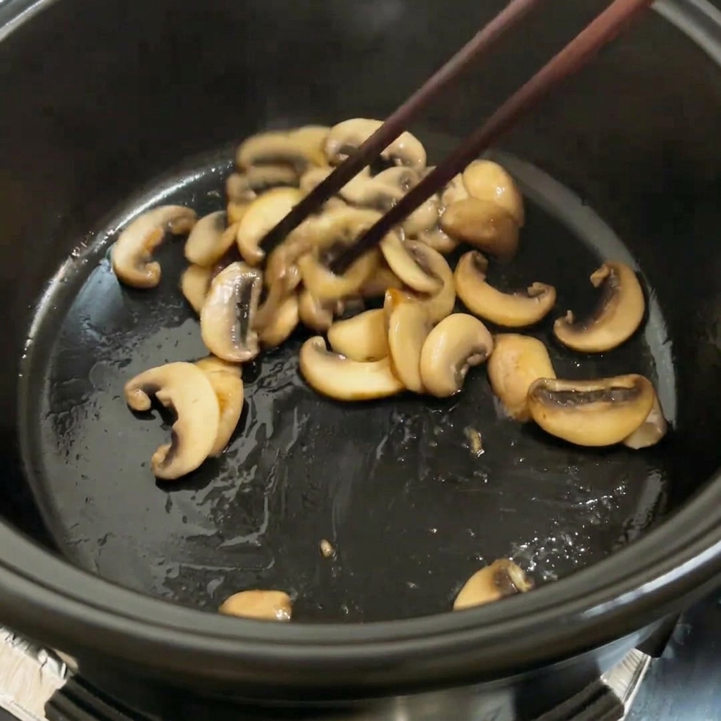 냄비에서 토마토와 버섯을 함께 볶는 모습.