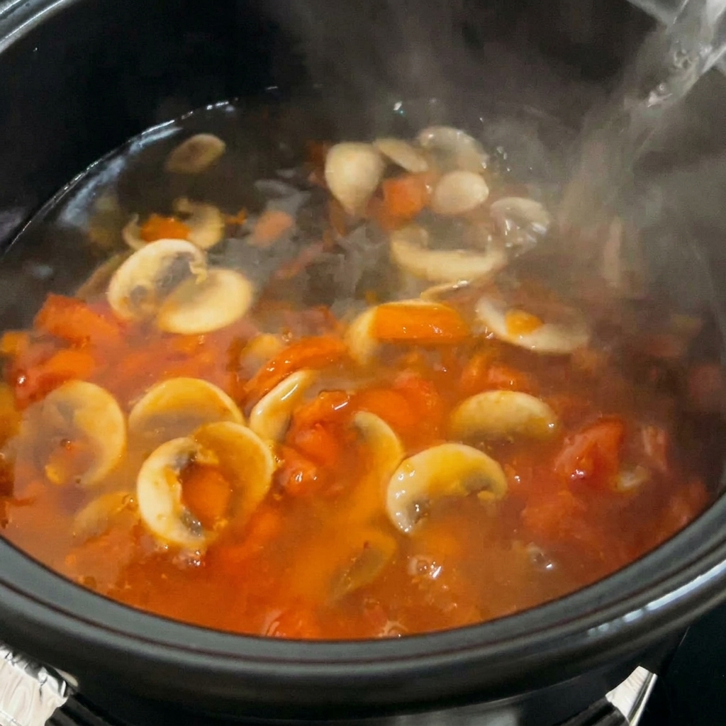 볶은 토마토와 버섯이 담긴 냄비에 끓는 물을 붓는 모습.