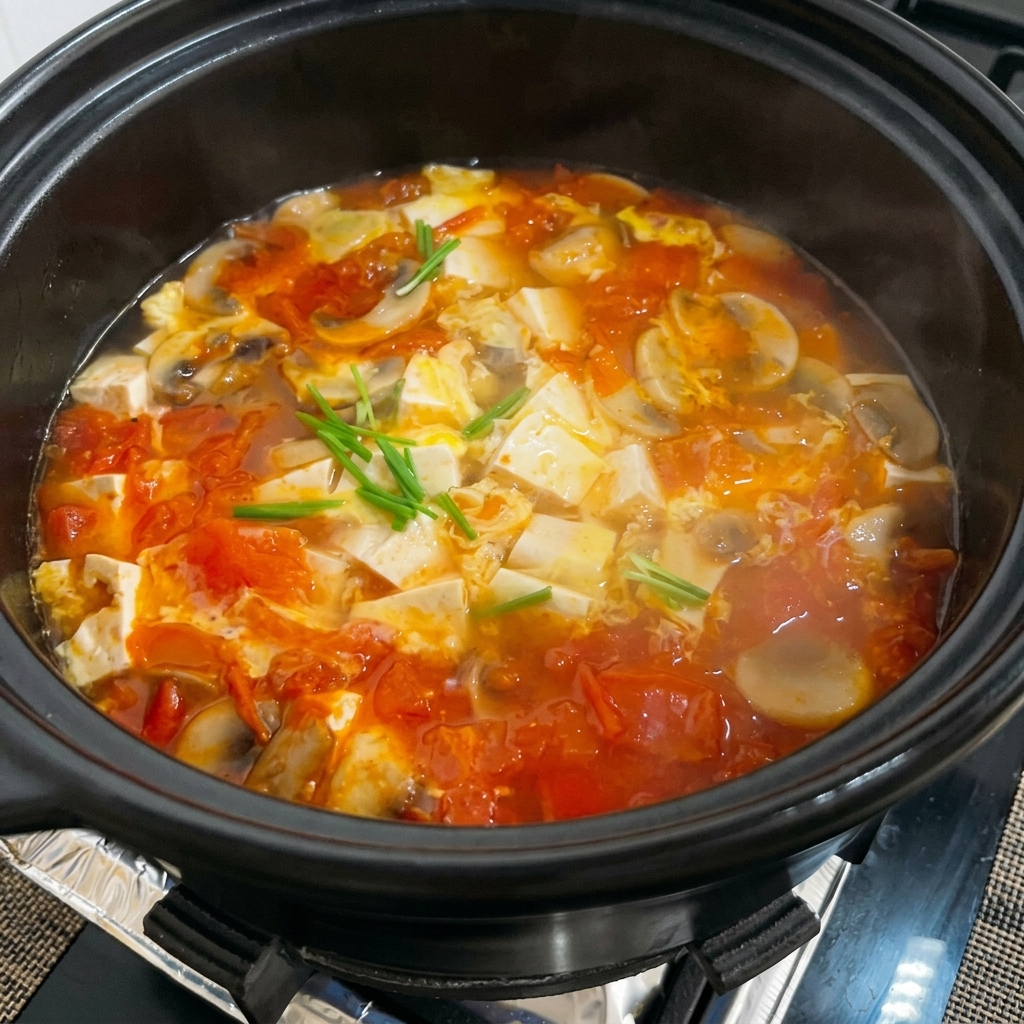 끓고 있는 토마토 두부국에 소금을 뿌리는 모습.