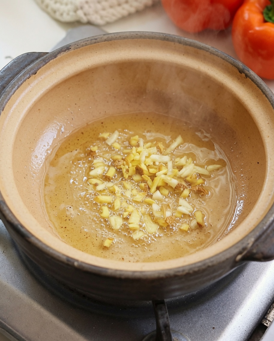 뚝배기에 다진 생강과 마늘을 넣고 볶는 모습.