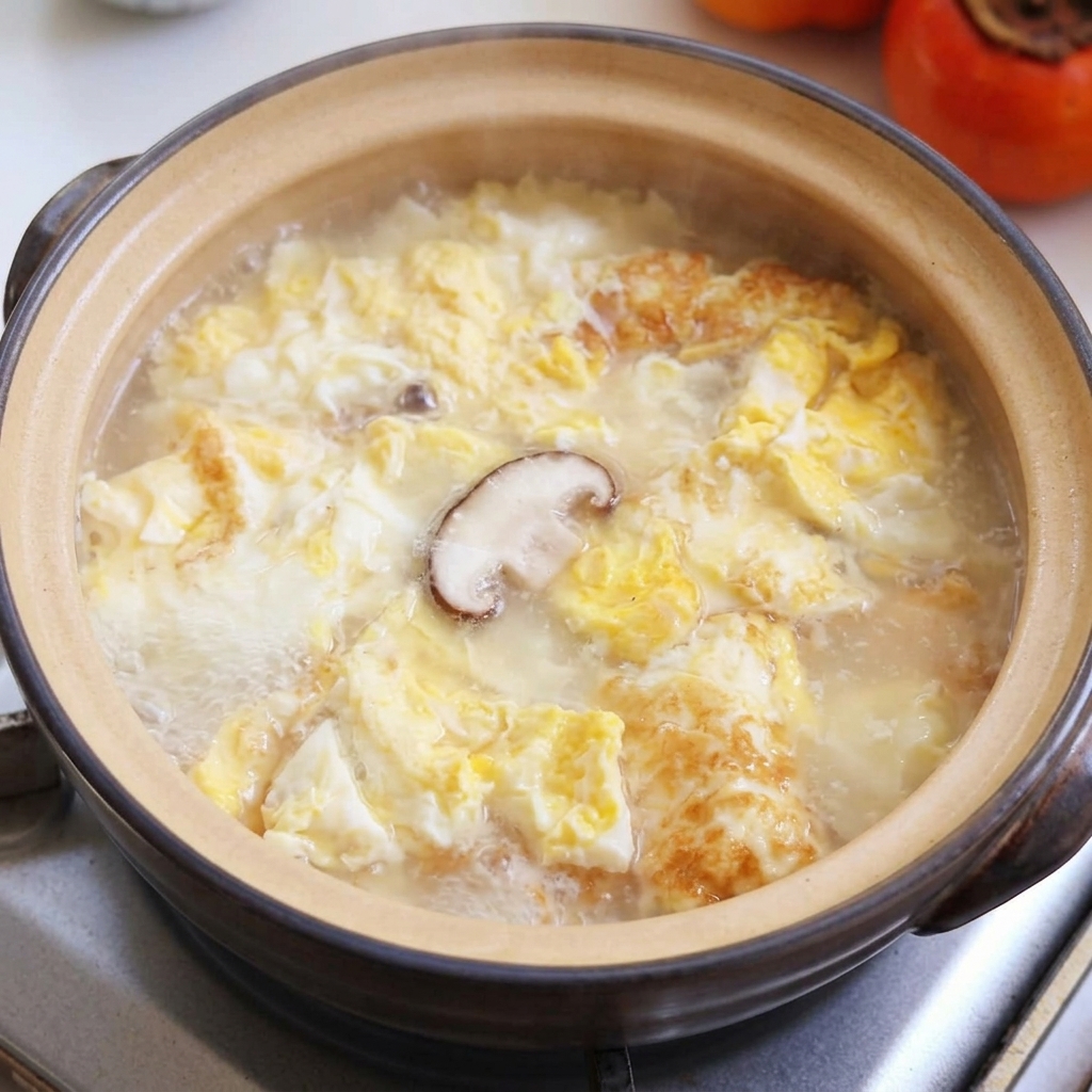 끓는 국물에 버섯, 두부, 바지락을 넣는 모습.