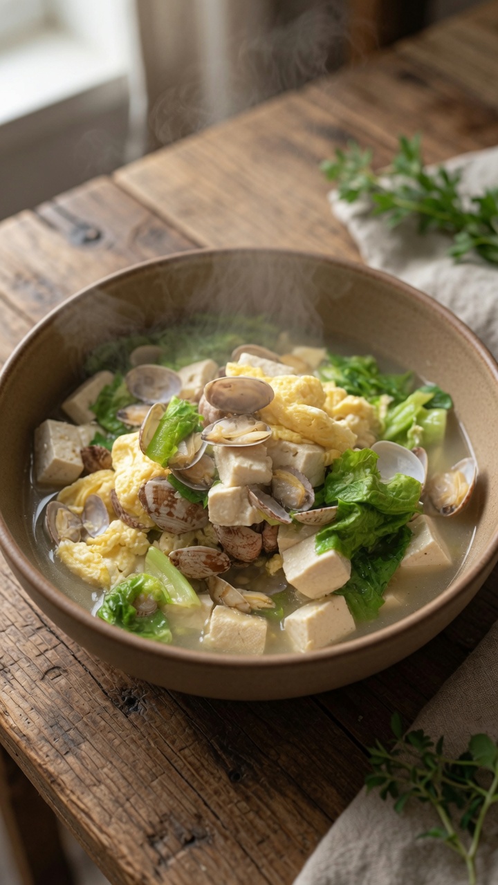따뜻한 국물 속에 신선한 조개와 부드러운 두부, 몽글몽글한 달걀이 담긴 조개 두부탕.