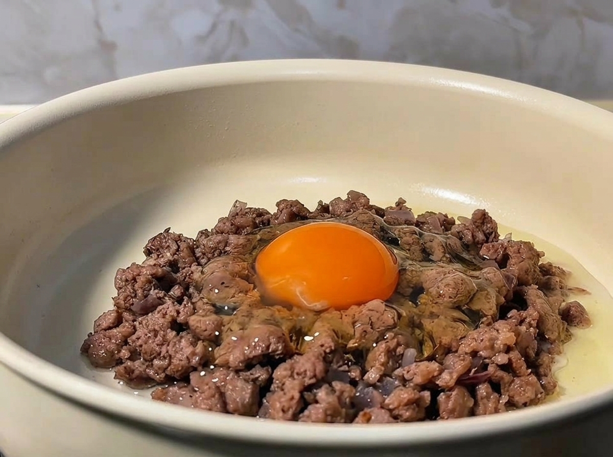 팬 중앙에 익은 소고기 혼합물에 달걀을 깨 넣는 모습.