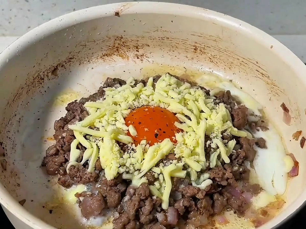 소고기와 달걀 위에 치즈를 뿌리고 뚜껑을 덮은 팬.