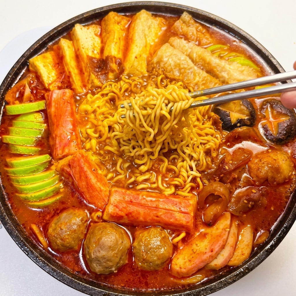볶은 향신 채소 베이스 위에 두부, 어묵볼, 맛살, 애호박 등 다채로운 재료를 깔끔하게 정렬한 전골냄비.
