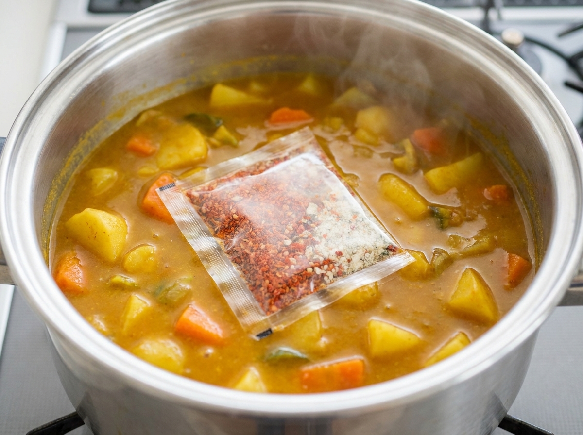 김치찌개 국물에 라면 스프를 넣는 모습.