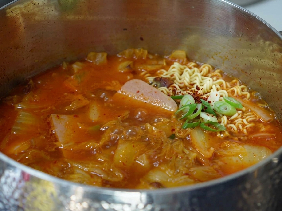 끓는 김치찌개에 라면 사리 두 개를 넣는 모습.