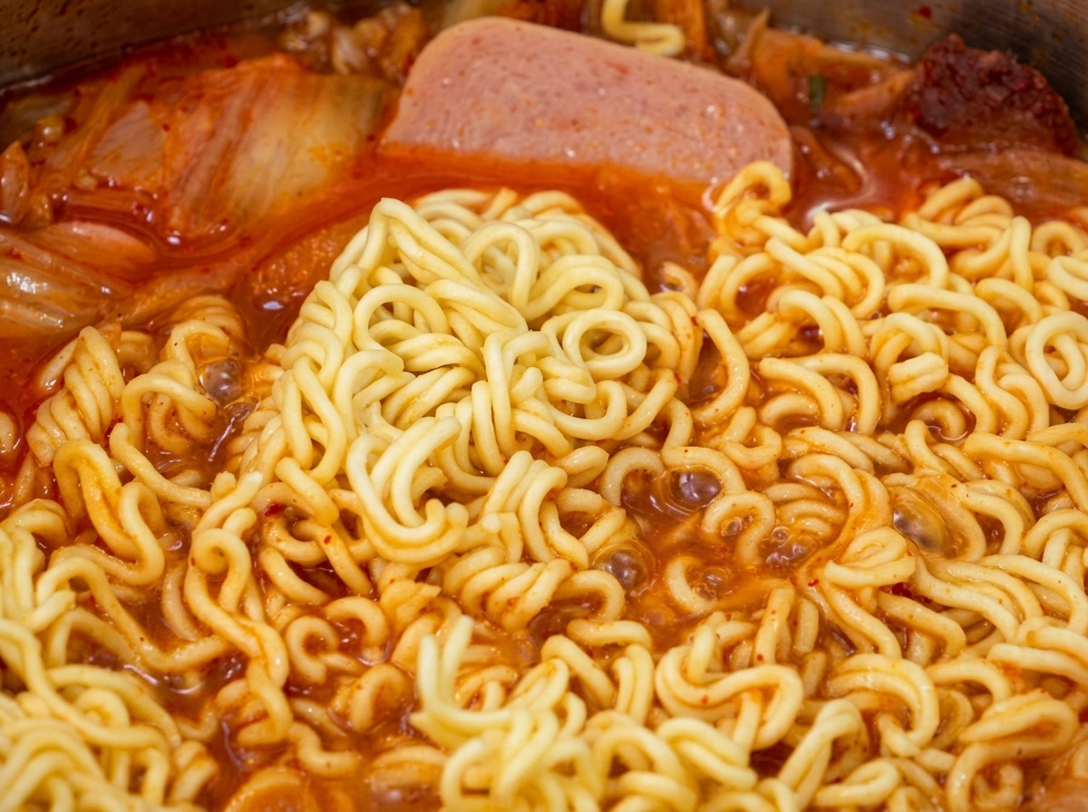 집게를 사용하여 끓고 있는 면과 재료를 고르게 섞는 모습.