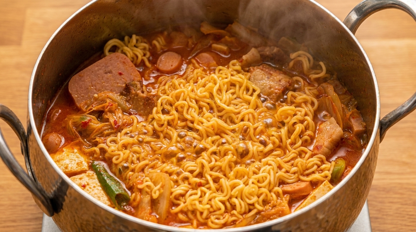 라면 사리와 스팸, 소시지, 삼겹살이 푸짐하게 들어간 얼큰한 김치 부대찌개가 보글보글 끓고 있는 모습.