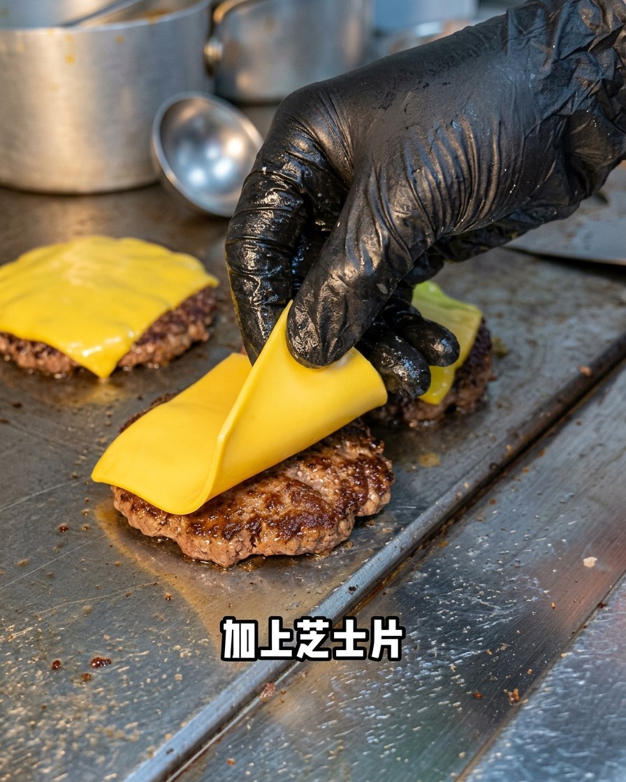 구워지는 소고기 패티 위에 노란 치즈 슬라이스를 올리는 모습.
