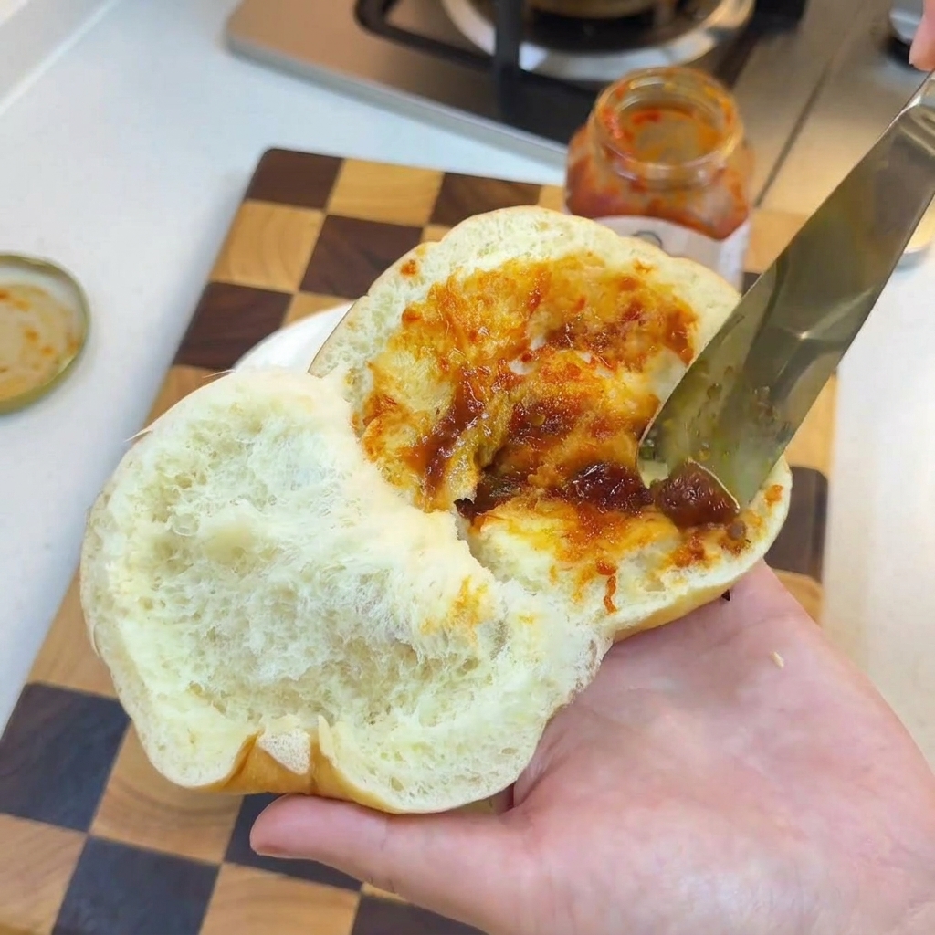 구운 버거 번 단면에 소스와 마요네즈를 바르는 모습.