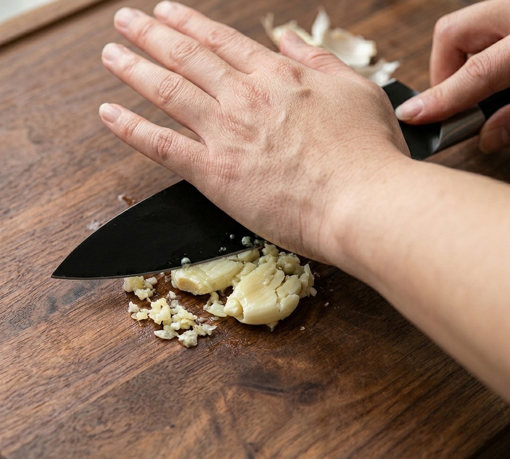 칼날로 눌러 으깬 마늘 두 쪽이 도마 위에 있는 모습.