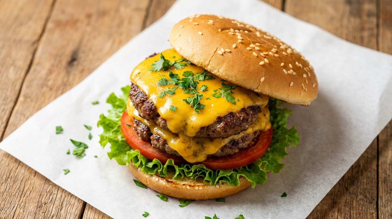 완벽하게 구워진 패티와 녹아내린 체다 치즈, 신선한 채소가 층층이 쌓인 홈메이드 더블 치즈버거.