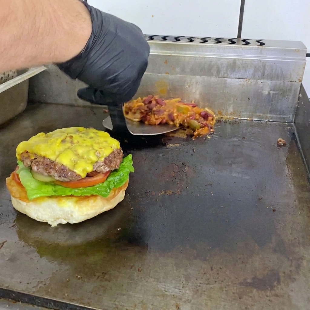 치즈와 칠리 소스가 올라가 완성된 멕시칸 비프 버거.