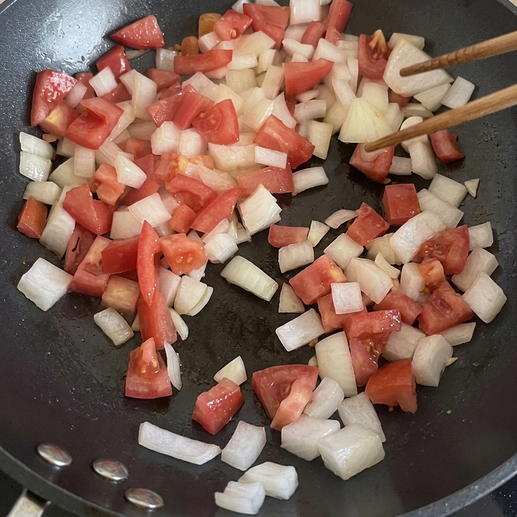 다진 토마토와 양파를 팬에서 부드러워질 때까지 볶는 모습.