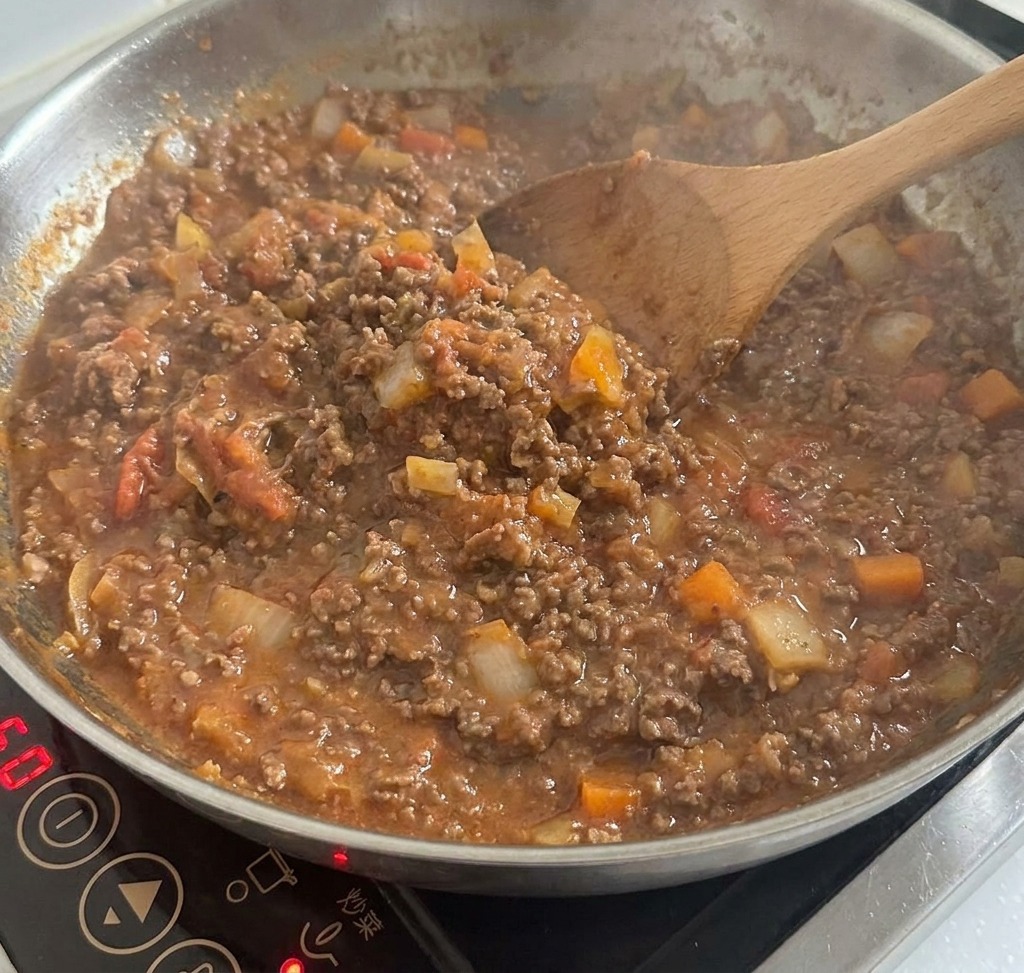 멕시칸 스타일 미트 소스가 팬에서 걸쭉하고 맛있게 끓고 있는 모습.