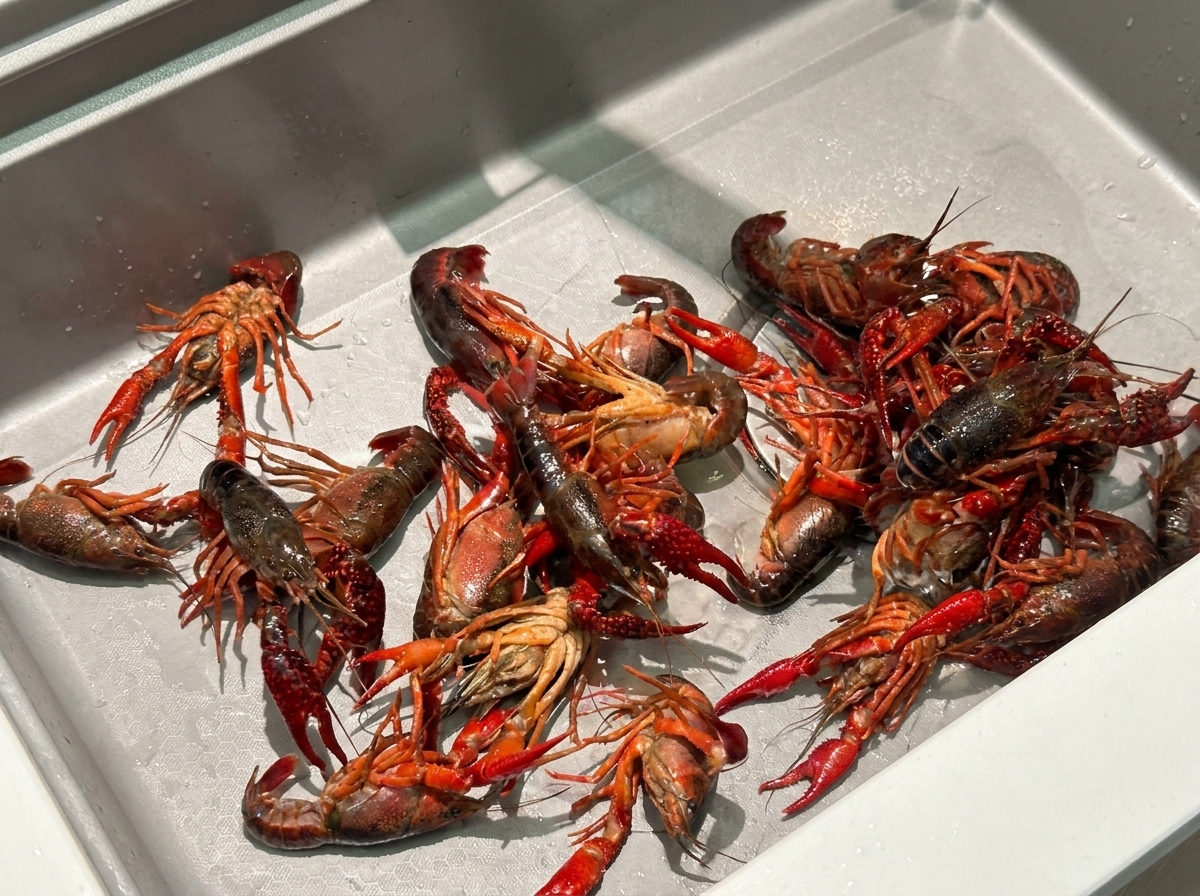 흐르는 물 아래 싱크대에서 가재를 깨끗하게 씻는 모습.