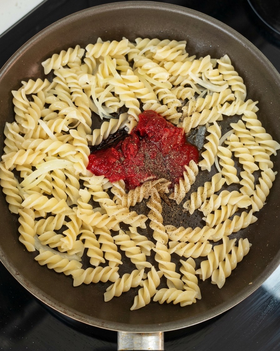 팬에 파스타와 양파, 토마토 페이스트, 각종 양념이 들어가 섞일 준비가 된 모습.