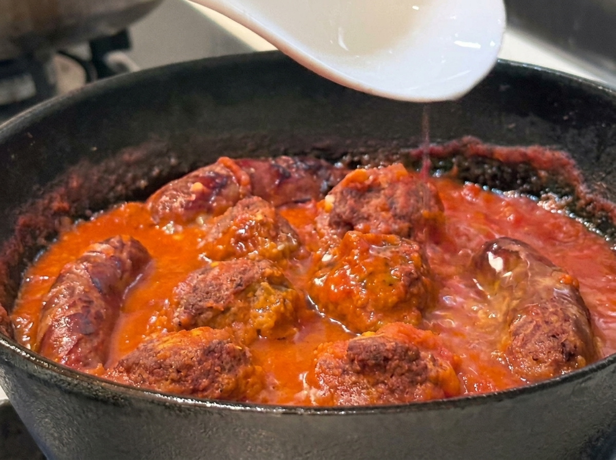 흰 숟가락으로 전분기가 도는 뽀얀 면수를 미트볼과 소시지가 담긴 토마토 고기 소스 팬에 붓는 모습.