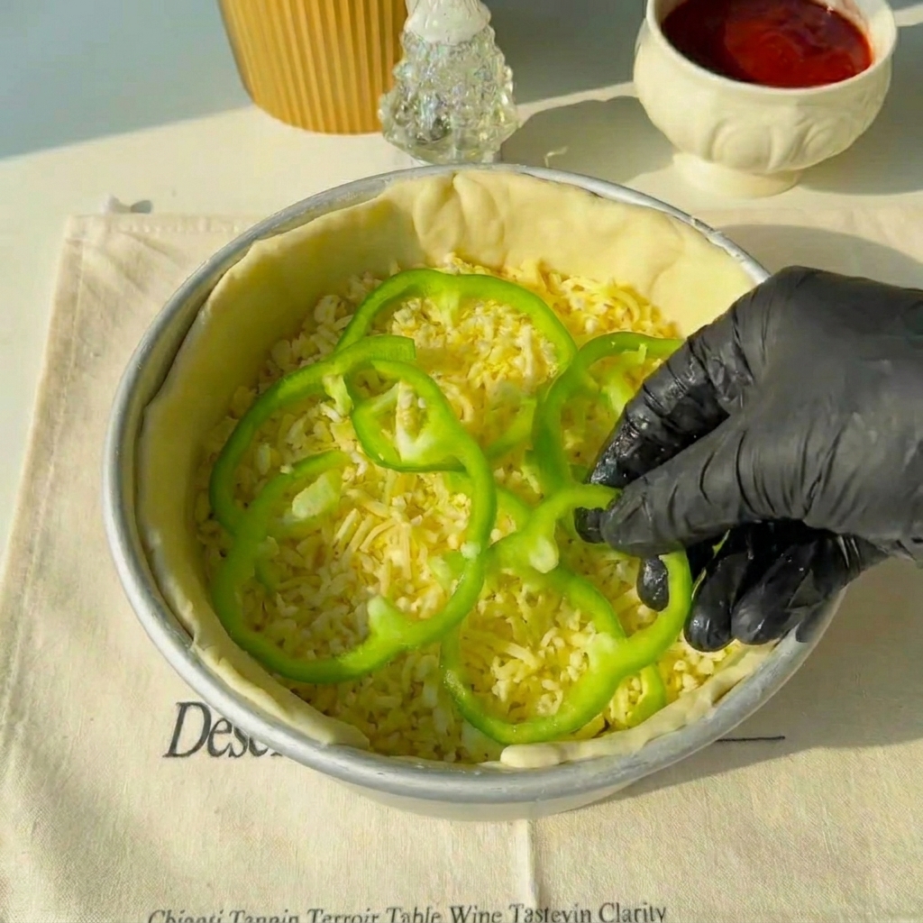 고기 층 위에 피망 링을 올리는 모습.