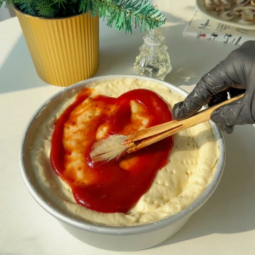 나무 페이스트리 붓으로 상단 도우 위에 토마토소스를 바르는 모습.