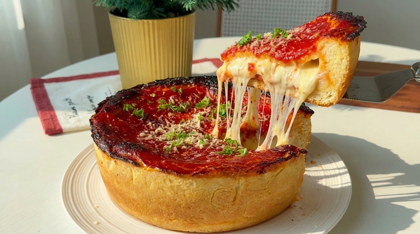노릇하게 구워진 두툼한 도우와 풍부한 토마토소스가 어우러진 시카고 딥디시 피자.