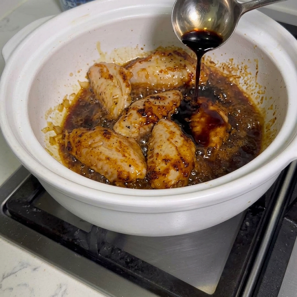 닭날개가 들어있는 뚝배기에 간장을 붓는 모습.