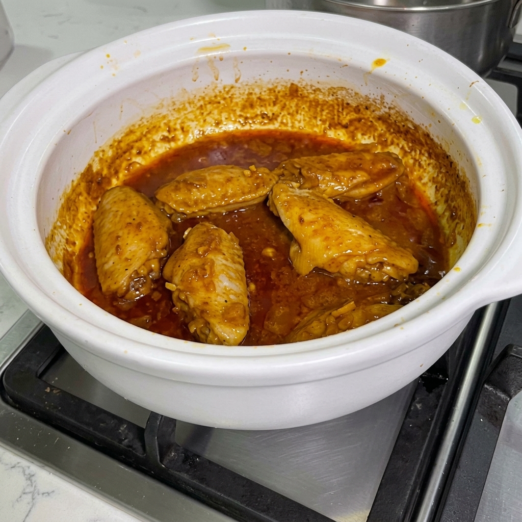 카레가 코팅된 닭날개가 들어있는 뚝배기에 사테 소스를 섞는 모습.