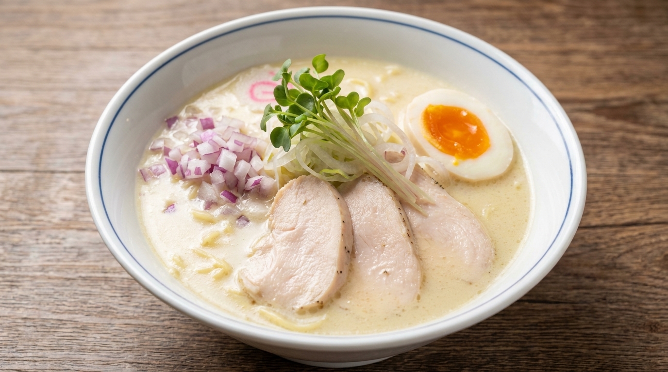 수비드 닭가슴살과 신선한 마이크로그린, 반숙란을 올린 크리미한 치킨 파이탄 라멘 한 그릇.