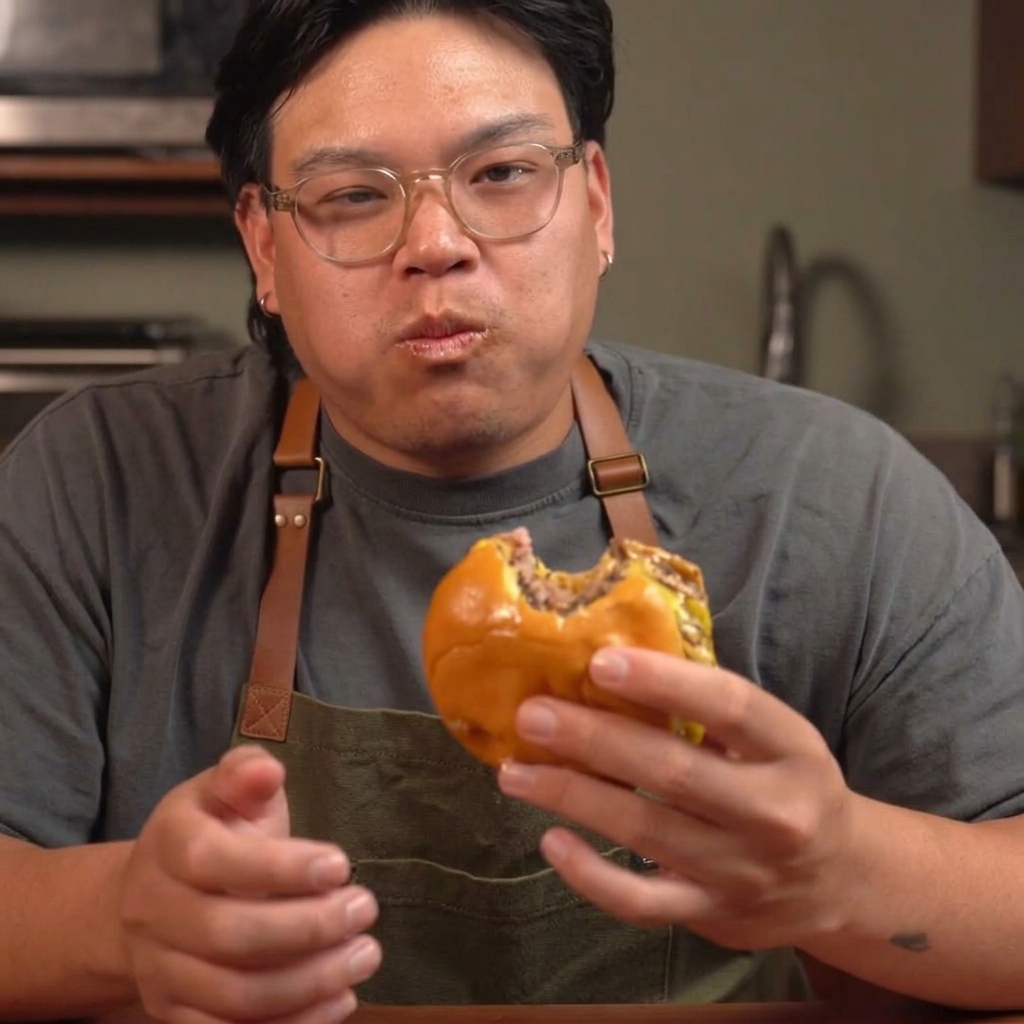 뜨겁게 달군 무쇠 팬 위에 올려진 동그랗게 빚은 다진 소고기입니다.