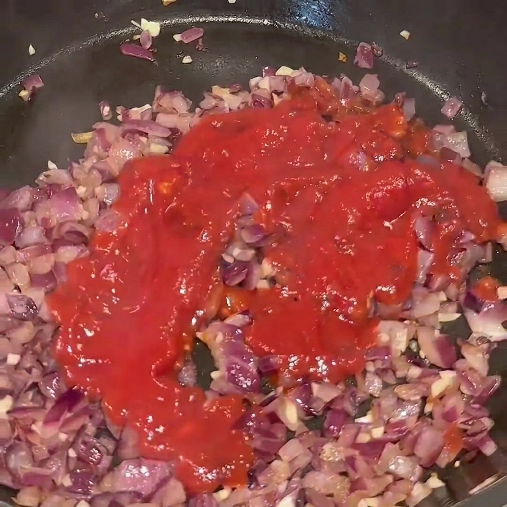 볶은 재료가 담긴 팬에 토마토 퓨레를 붓는 모습