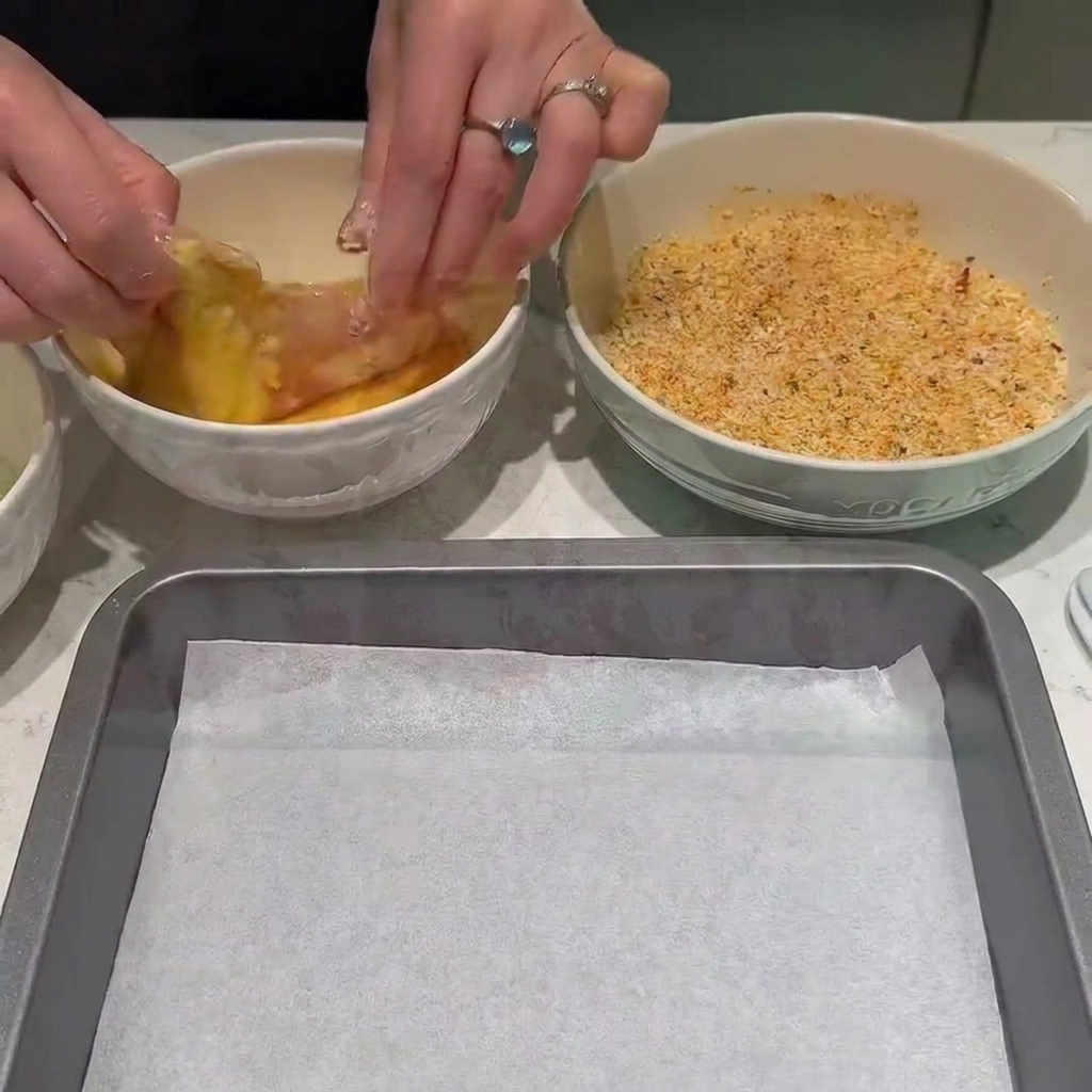 밀가루를 입힌 치킨을 계란물에 적신 후 빵가루를 묻히는 모습