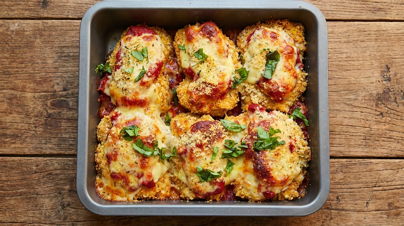 치즈와 토마토소스, 신선한 바질을 곁들여 황금빛으로 잘 구워진 파마산 치킨.