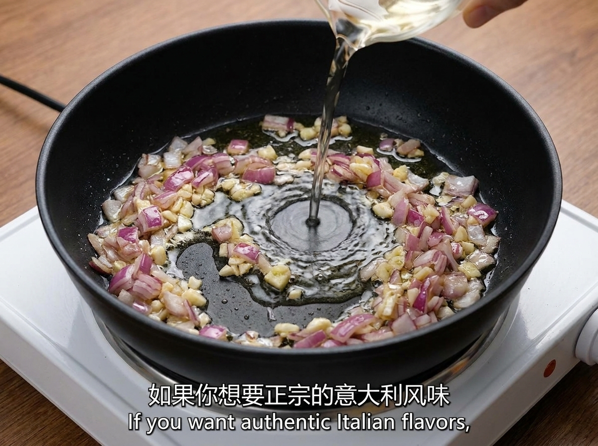 볶은 마늘과 양파가 있는 팬에 유리 계량컵으로 맑은 치킨 스톡을 붓는 모습.
