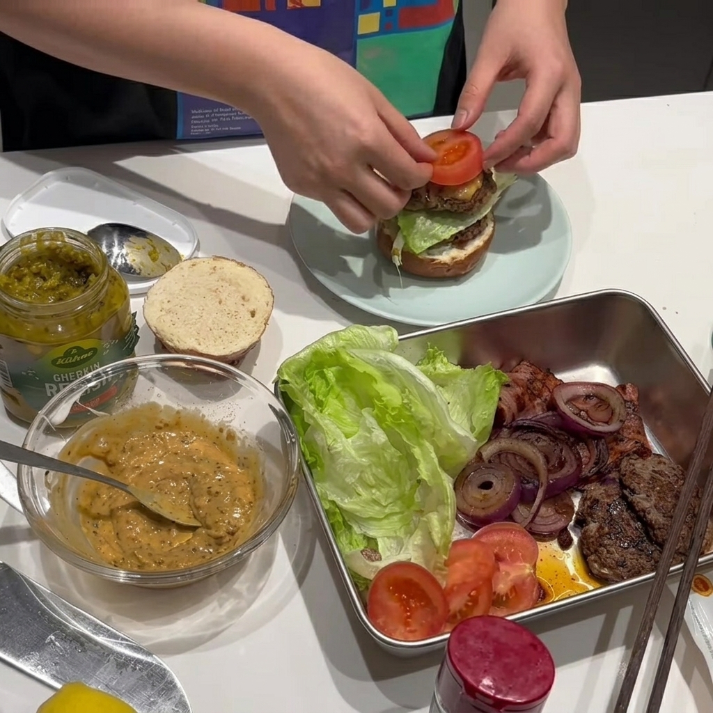 조립 중인 버거 위에 신선한 토마토 슬라이스를 올리는 모습.