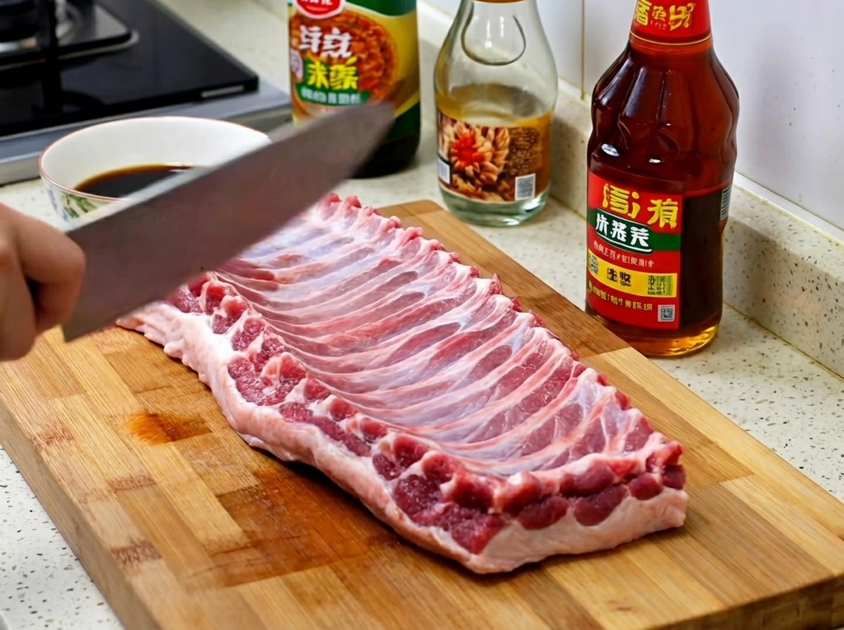 스테인리스 볼에 차슈 소스와 여러 양념에 버무려진 돼지갈비.
