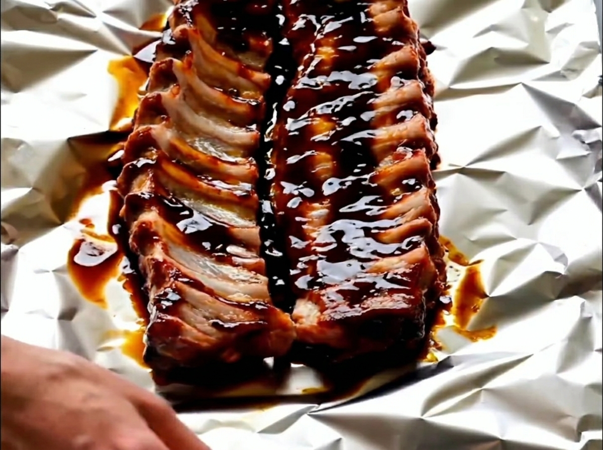 넓게 펼쳐진 알루미늄 호일 중앙에 놓인 양념된 돼지갈비.